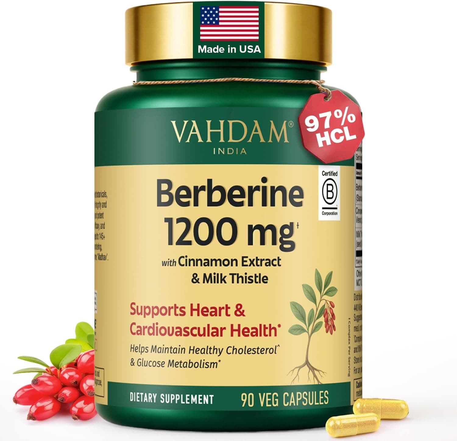 VAHDAM Berberine 97% HCL 1200mg — Glucose Metabolism (90ct)