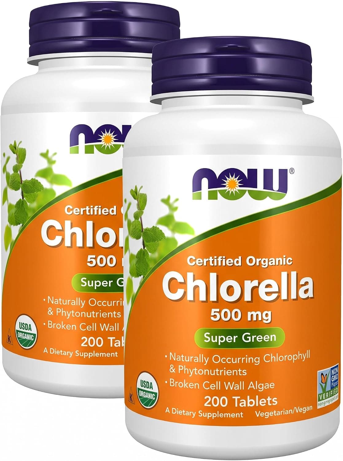 NOW Foods Supplements,Organic Chlorella 500 mg with Naturally Occurring Chlorophyll,Beta-Carotene,Mixed Carotenoids,Vitamin C,Iron and Protein,200 Tablets,(Pack of 2)