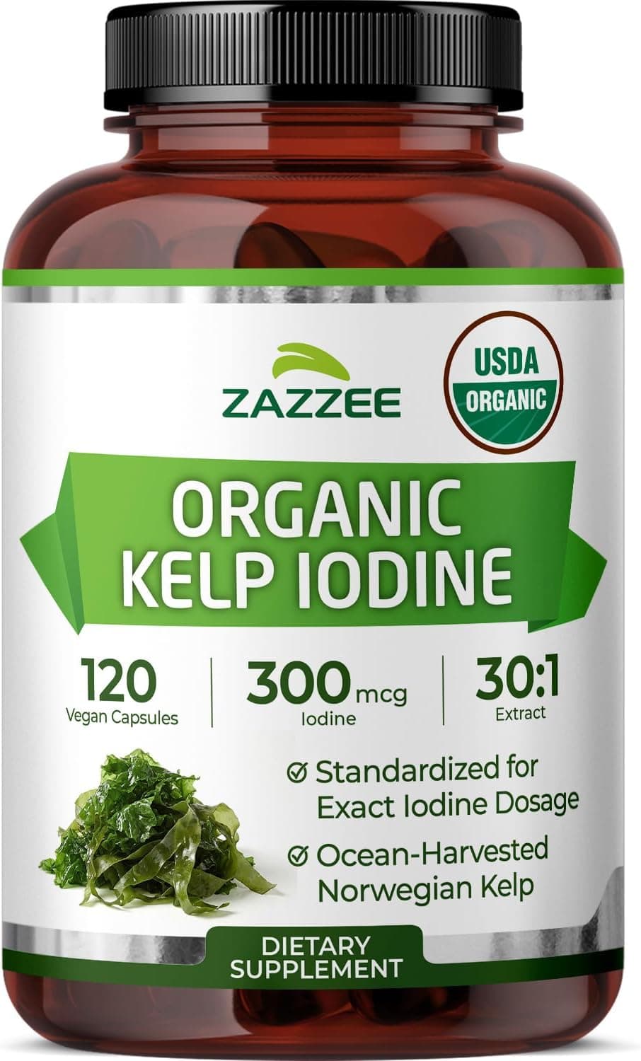 Zazzee USDA Organic Kelp Iodine 30:1 Extract, 300 mcg per Capsule, Vegan | 120 Capsules, 4 Month Supply, Ocean-Harvested Norwegian Kelp, Standardized to 1% Iodine for Exact Dosage, Thyroid Support