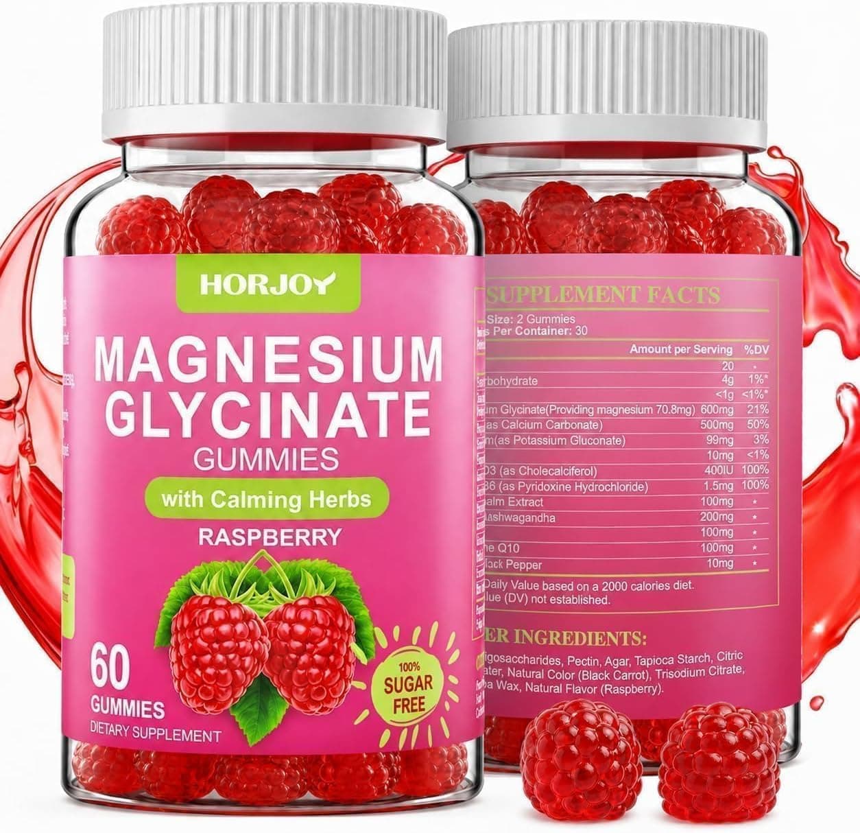 HORJOY Magnesium Glycinate Gummies 600mg — Sugar-Free Raspberry Chelated (60 Count)