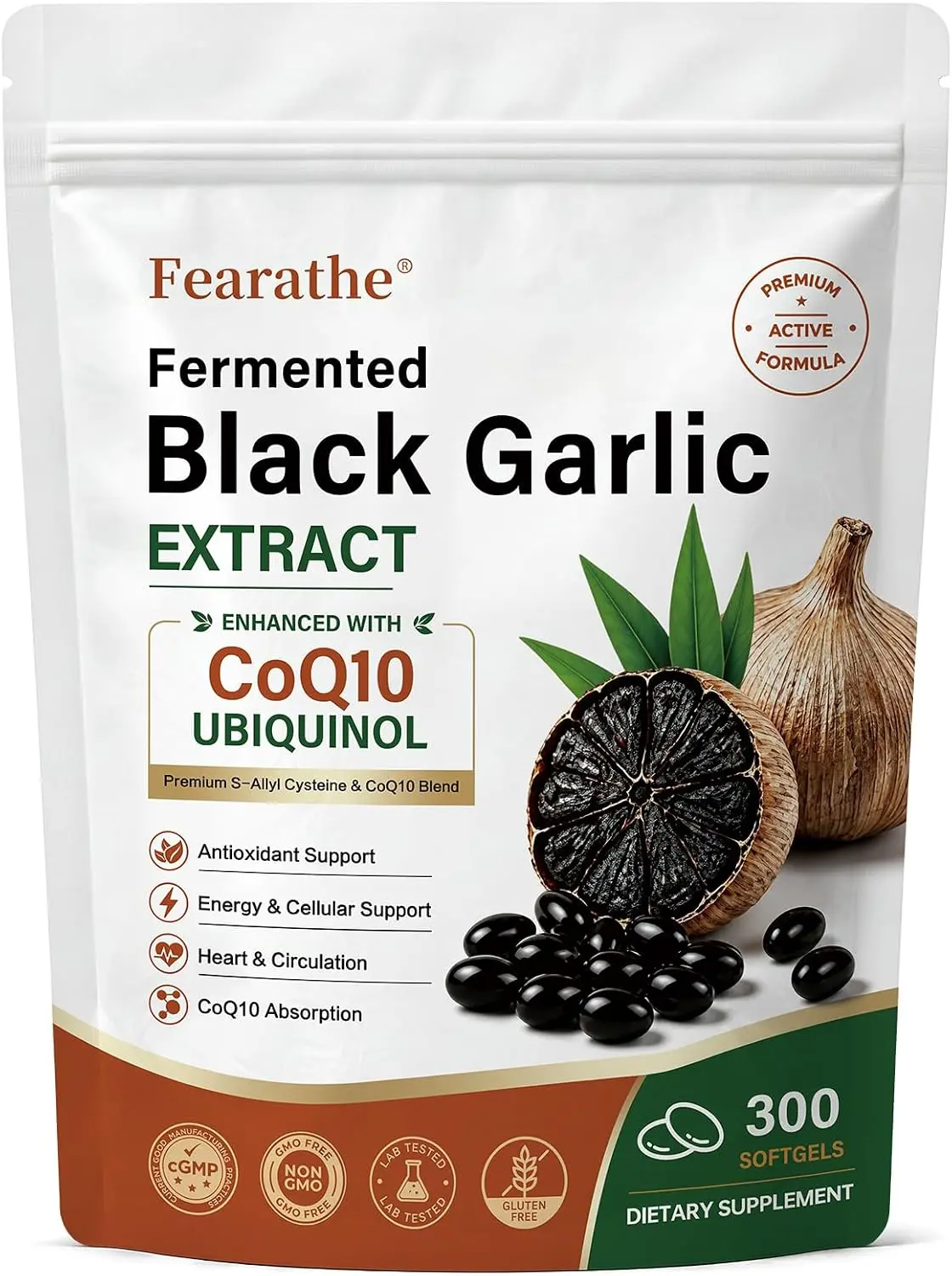 Fearathe Fermented Black Garlic Extract + CoQ10 Ubiquinol Softgels, Odorless Aged Garlic Supplement, Immune Health, Digestive Balance & Natural Energy Support, Non-GMO, 300 Count