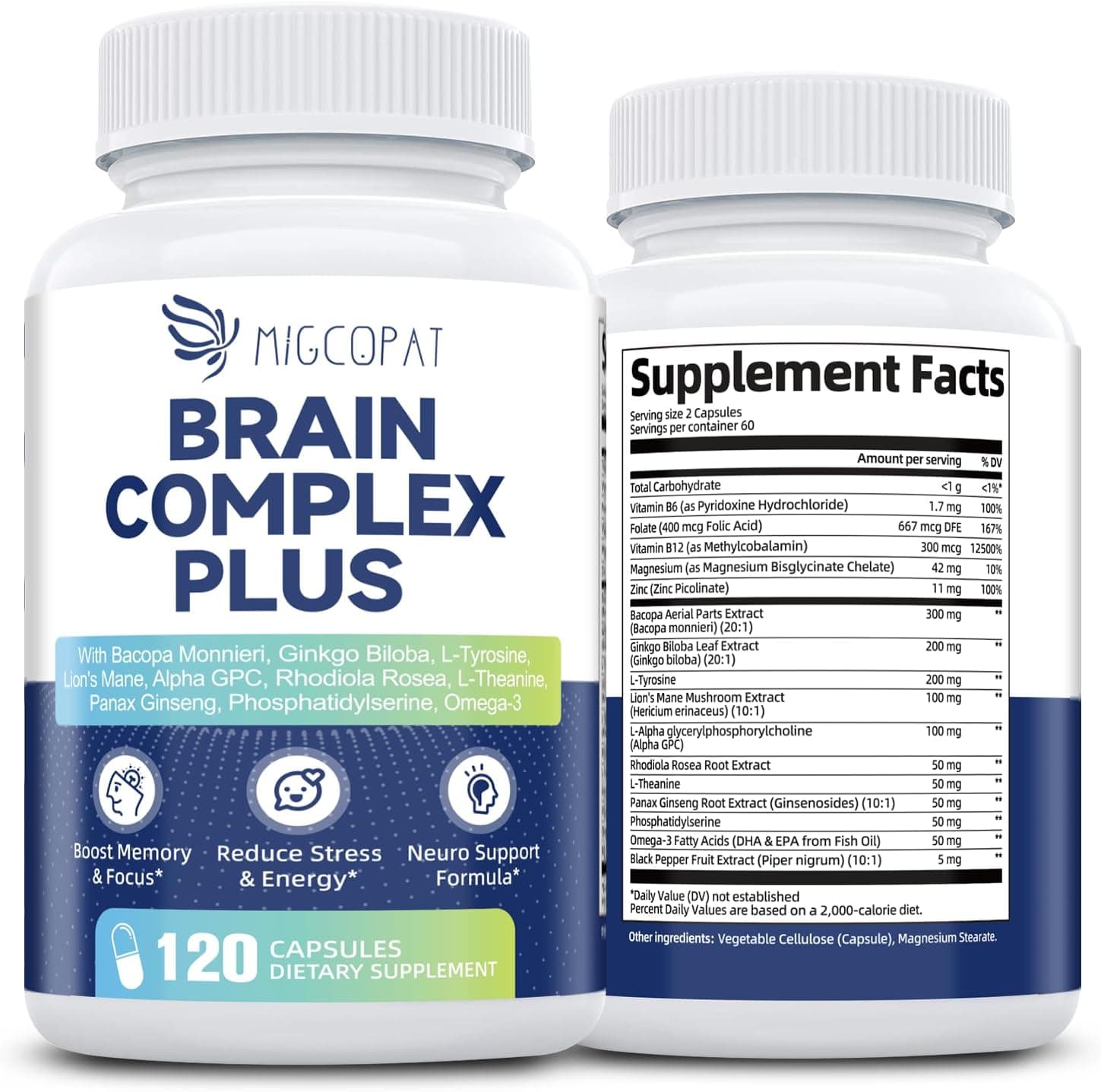 Brain Supplements for Memory and Focus | Nootropic with Bacopa Monnieri, Lion's Mane, Alpha GPC, Ginkgo Biloba,| Vitamin B6 & B12