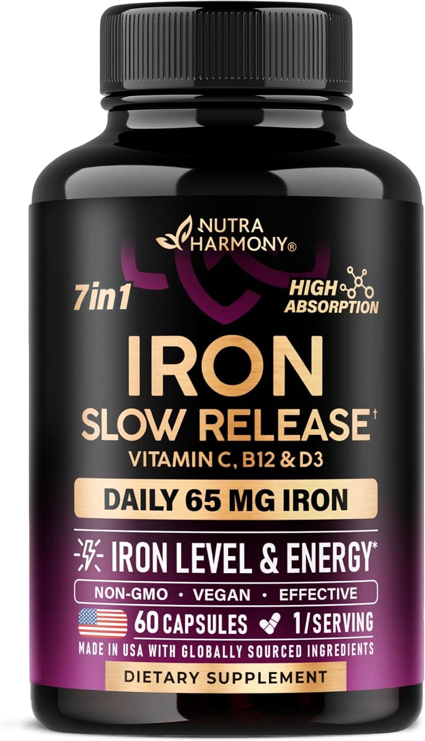 Iron Supplement for Women - Iron 65mg Slow Release Iron | High Absorption - Vitamins C, D3, B6, B12 & Folate - Iron Level & Energy Support