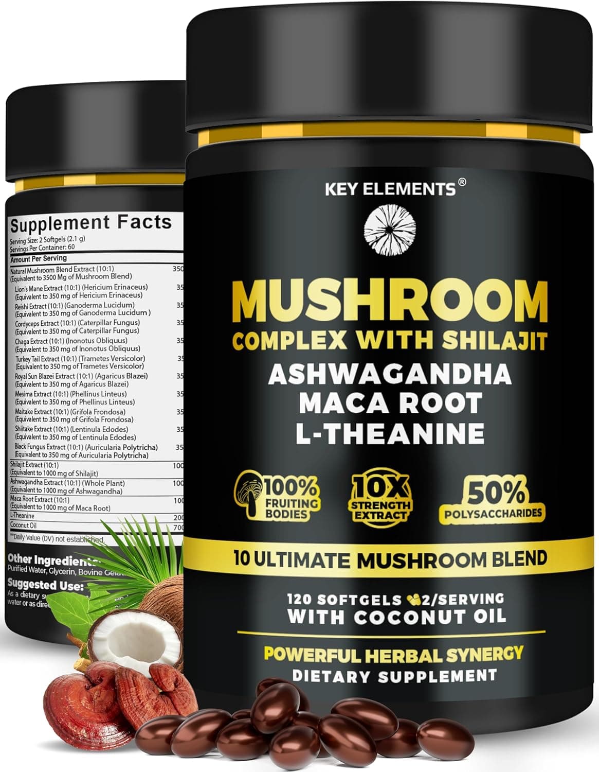 Organic Mushroom Complex with Shilajit & Coconut Oil - Lions Mane, Ashwagandha and L-Theanine