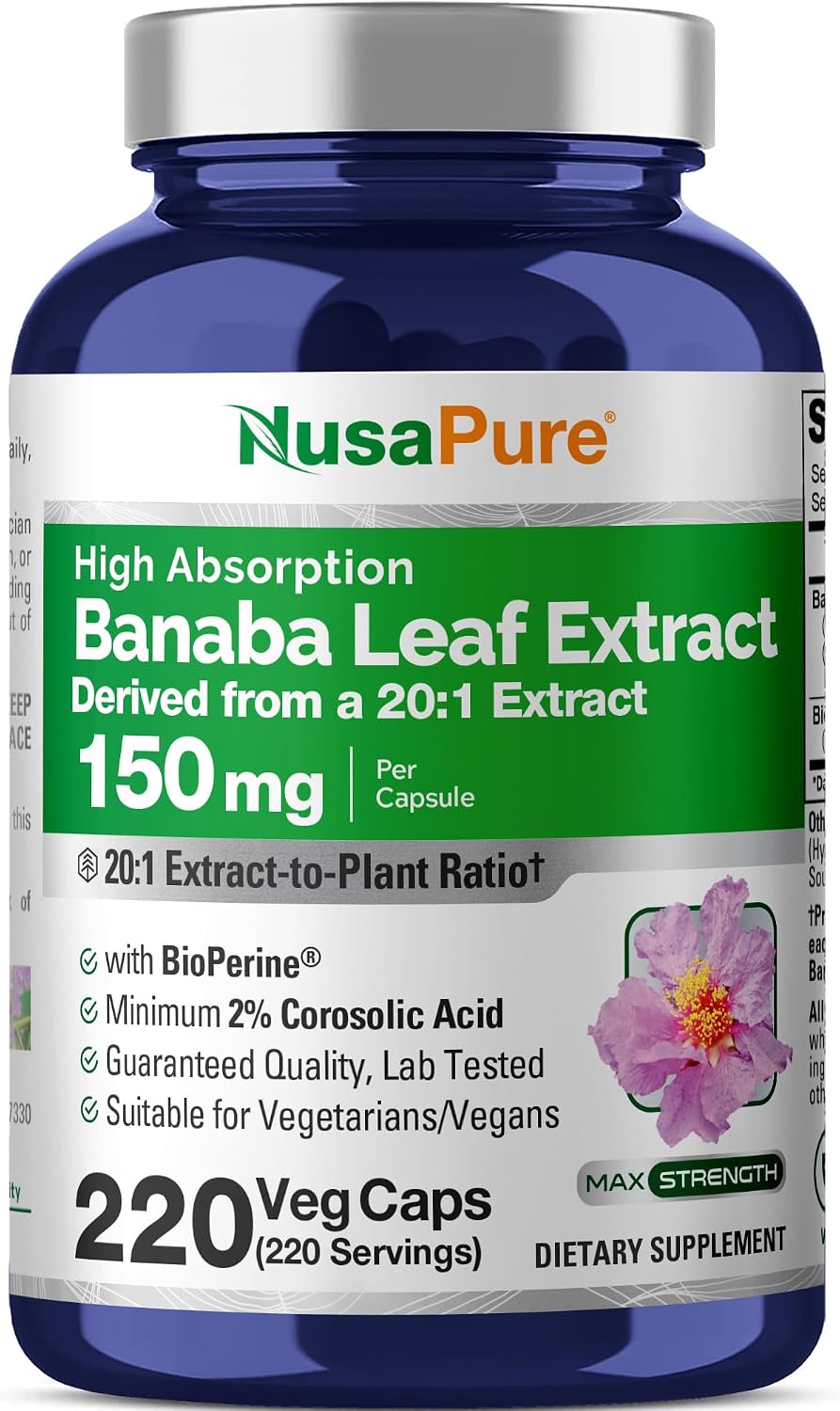 NusaPure Banaba Leaf, 150 mg, 220 Veg Capsules (Non-GMO, Vegan) | Herbal Formula, Lagerstroemia speciosa Leaf 20:1 Extract, Suitable for Adults, Manufactured in a cGMP Registered Facility USA