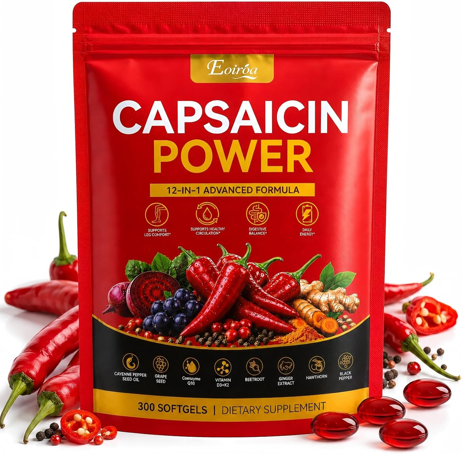 Eoiroa Cayenne Pepper Softgels — Capsaicin Circulation Support 3000mg (300 Softgels)